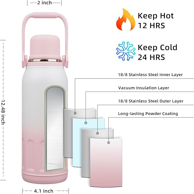 BJPKPK Insulated 50oz Thermal Water Bottle with Lid and Carry Handle Dishwasher Safe Stainless Steel Water Bottles for Outdoor,Pink Pearl