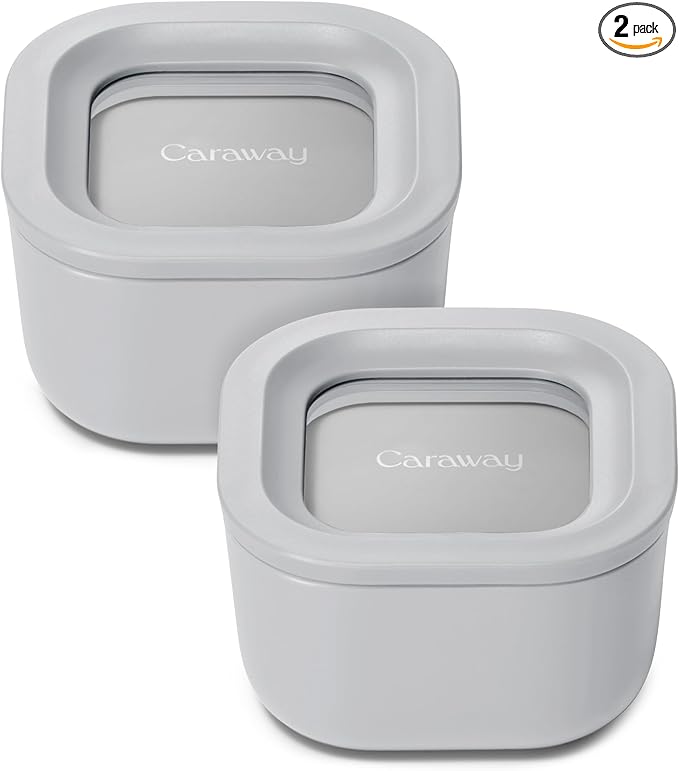Caraway 2pc Glass Food Storage Set - 1.75 Cup Food Containers (2) - Non-Toxic Ceramic-Coated Glass - Air Release Technology - Compact & Stackable Design - Gray