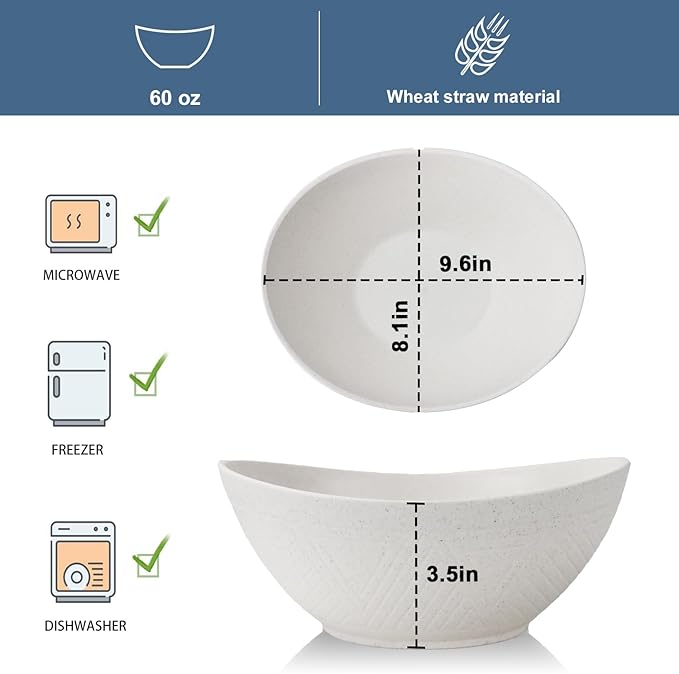Wrova 65oz Large Salad Bowls Ivory - Wheat Straw Salad bowls Set of 4 - Unbreakable Salad Bowls Dishware & Microwave Safe - BPA Free Bowls for kitchen,camping