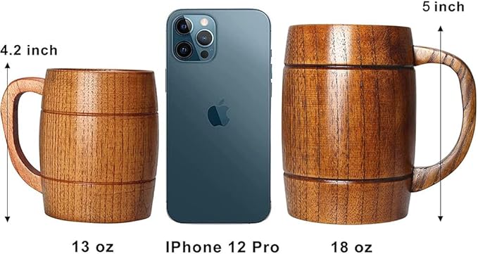 18 oz Large Wooden Beer Mug Gift for Men Women Big Vintage Viking Cup Rustic Cool Wood Stein Tankard Handmade Unique Coffee Man Mugs for Him Male Dad Husband Manly Camping Tea Cup Outdoor Fancy Mug