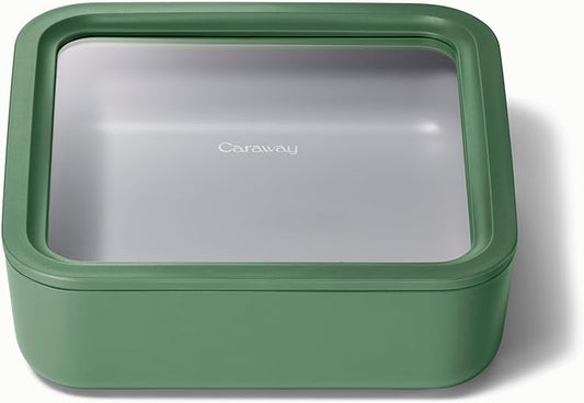 Caraway Glass Food Storage, 10 Cup Glass Container,Ceramic Coated Food Container,Easy to Store, Non Toxic, Non Stick Lunch Box Container with Glass Lids. Dishwasher, Oven,Square Shape,Sage