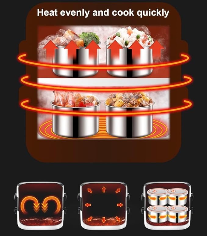 Portable Self Cooking Electric Lunch Box, Mini Rice Cooker, 2 Layers 4 Stainless Steel Steamer Food Insulation Lunch Box for Home Office Dormitory Travel Outdoor Kitchen Cook Raw Food, 2L/110V/200W