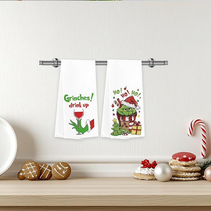 Christmas Kitchen Decor,Christmas Hand Kitchen Towels Set of 2,Hot Cocoa Xmas Tree Drink Up Towels Ho Ho Ho Baking Cooking Cloth,Funny Holiday Winter Home Kitchen Decoration 14 x 23 Inches
