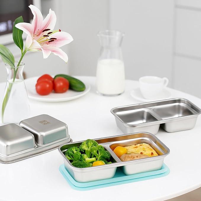 3PCS Grab and Go Snack Containers, Stainless Steel Reusable Double Compartment Snack Box Containers with Lids Dishwasher Safe Travel & Outdoor Camping Portable Food Storage