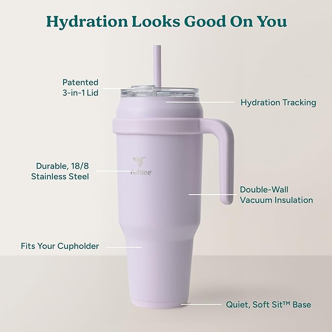 Reduce Reusable 50 oz Cold1 Water Tumbler – Ergonomic Handle – Double-Wall Insulation – Sturdy Desktop/Tabletop Mug with Lid and Straw -BPA-Free –Stainless Steel for Gym, Home, Office– Gentle Lavender