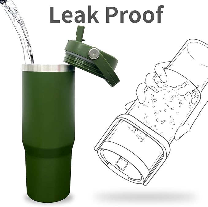 30 oz Tumbler with Handle, Double Wall Vacuum Insulated Tumblers with Flip Straw, Coffee Mug 30oz Powder Coated Cup for Hot and Cold Drinks(Army Green,1 pack)