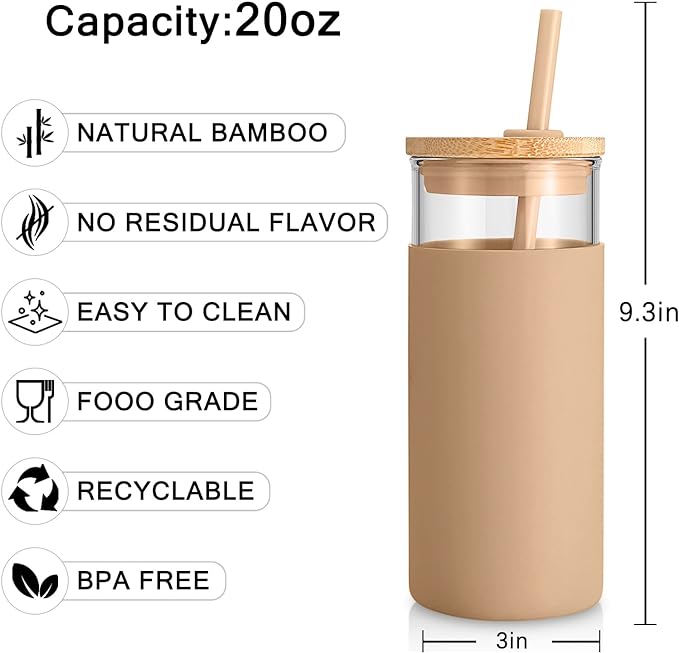 Tronco 20 oz Glass Tumbler with Lid and Straw, Iced Coffee Cup and Smoothie Cup with Bamboo Lids & Protective Silicone Sleeve, Dishwasher Safe, BPA-Free, Glass Cup 1 Pack