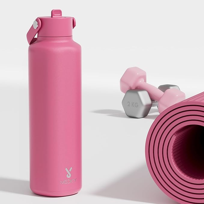 Meoky Women Insulated Water Bottle for Sports: 24 oz Stainless Steel Water Bottle with Straw and Flip Lid for Work - Commuters Yoga Enthusiasts, Ruby