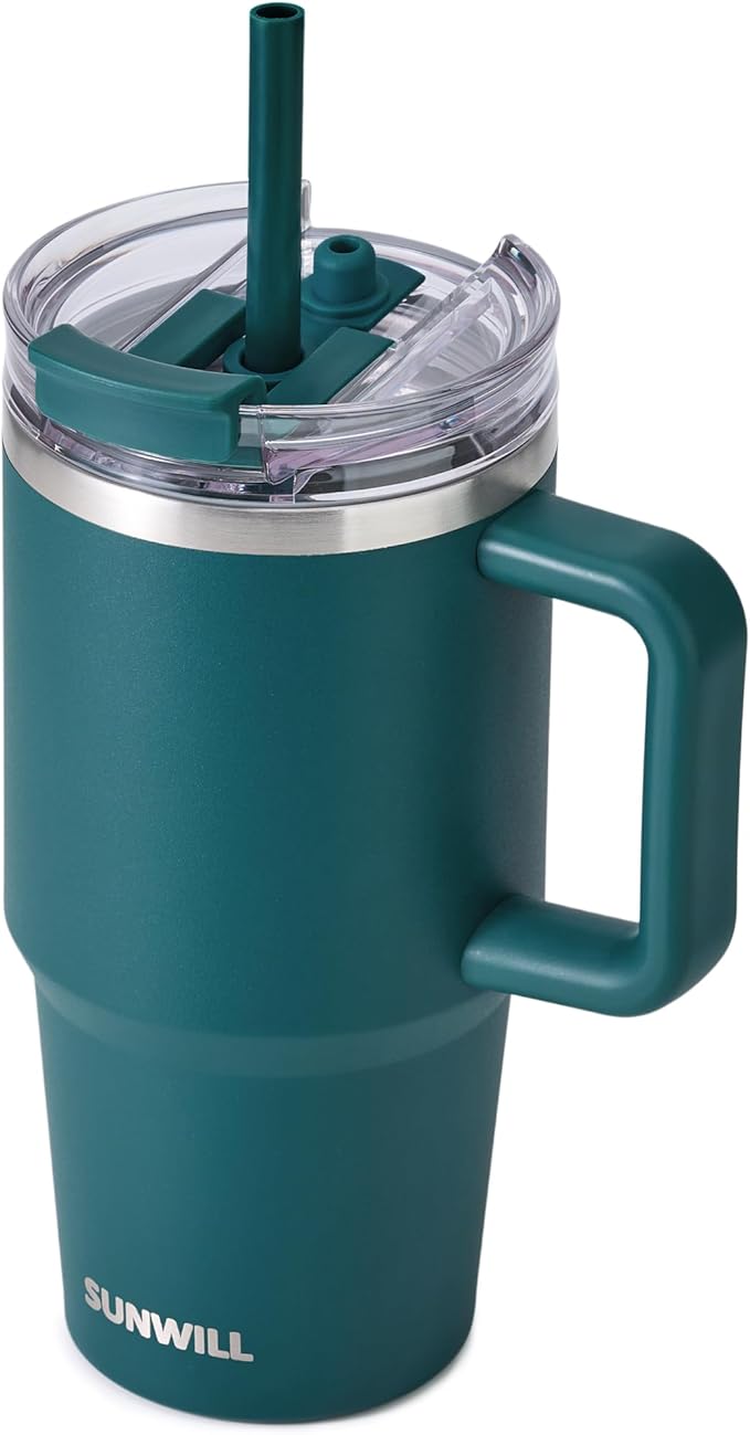 SUNWILL Coffee Tumbler with Handle, 20 oz Travel Mug with Lid and Straw Insulated, Stainless Steel Cup Leak Proof for Travel & Outdoor, Cupholder Friendly, Powder Coated Deep Teal