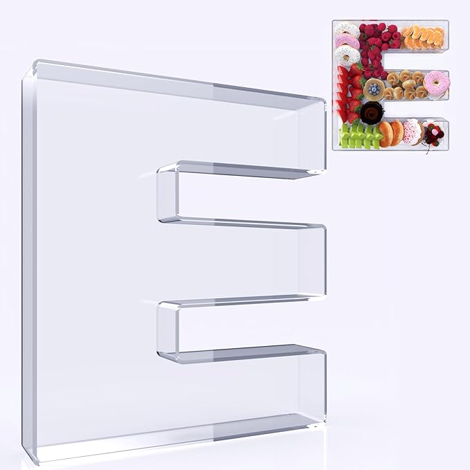 11" Acrylic Letter Charcuterie Box, Reusable Fillable Alphabet Number Shaped Form Tray for Birthday Anniversaries, Party Decorative Serving Plates Display Candy Cake (E)