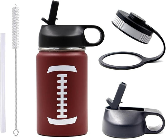 12 oz Football Water Bottle, Metal Sports Flask Thermo Travel Tumbler with 2 Lids, Stainless Steel Double Wall Vacuum Insulated Leak Proof Water Bottles, Football Accessories Gifts for Mom Boys Girls