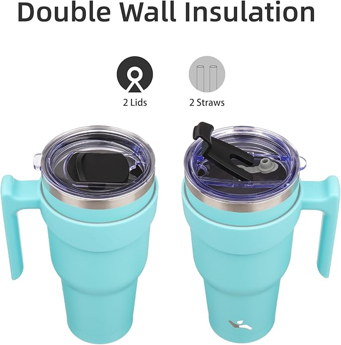 30 oz Tumbler with Handle and 2 Straw 2 Lid, Insulated Water Bottle Stainless Steel Vacuum Cup Reusable Travel Mug,Turquoise