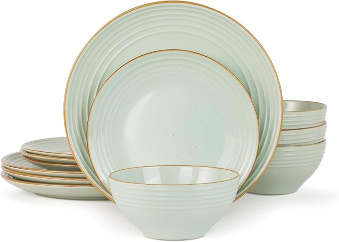 Famiware Jupiter Dinnerware Set, Plates and Bowls Dish Sets for 4 (12 Pieces), Microwave and Dishwasher Safe Stoneware Speckled Tableware, Chip and Scratch Resistant, Light Green