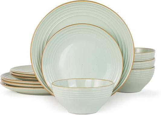 Famiware Jupiter Dinnerware Set, Plates and Bowls Dish Sets for 4 (12 Pieces), Microwave and Dishwasher Safe Stoneware Speckled Tableware, Chip and Scratch Resistant, Light Green