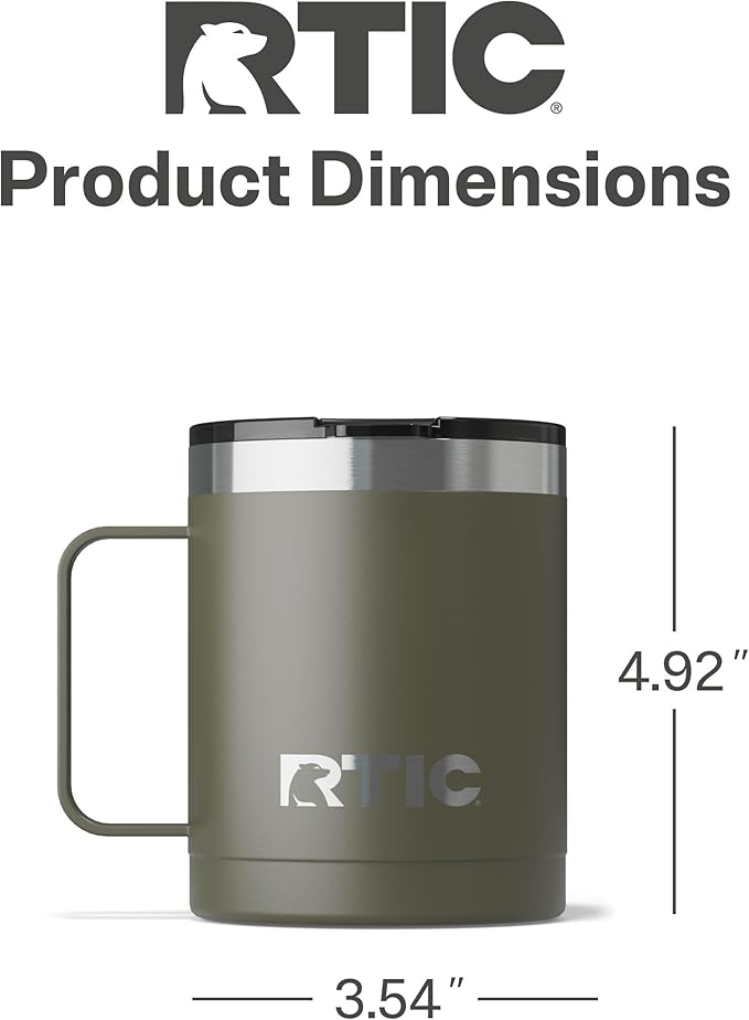 RTIC 12oz Essential Coffee Mug with Lid and Handle, Insulated, Ceramic Lined, Stainless Steel, Metal, Double Wall Vacuum-Insulation, Portable, Travel Cup for Hot and Cold Drink, Olive