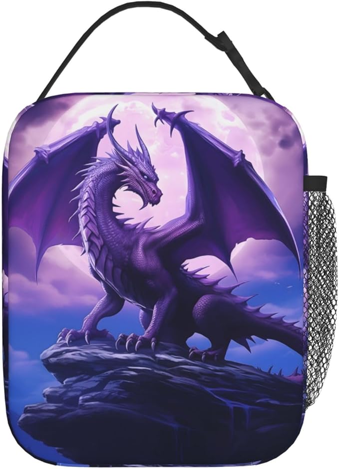 Reusable Purple Dragon Lunch Box for Kids, Insulated Mystical Fantasy Bag,Polyester Cooler Animal Lovers Handbags Case for School Picnic Work Travel Beach or Hiking, Gifts