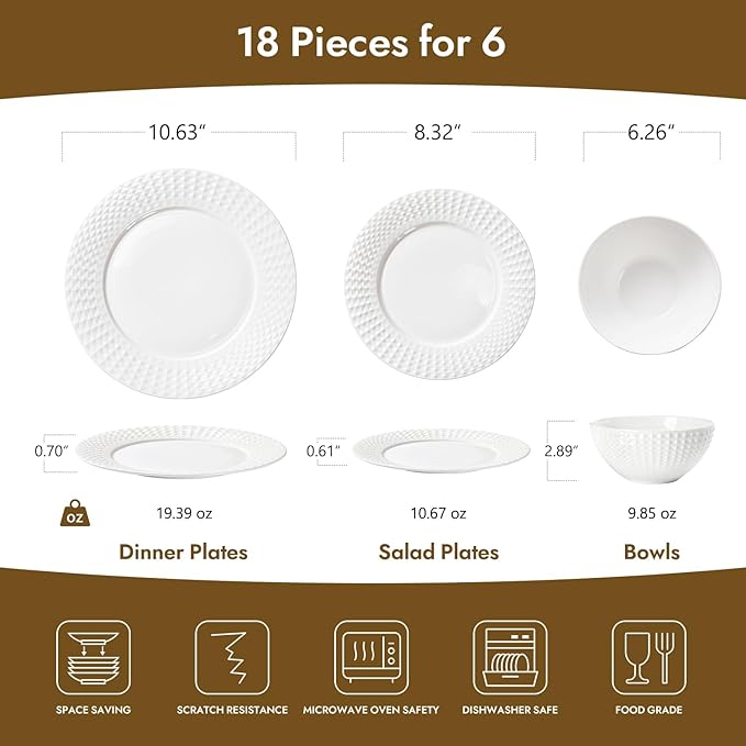 KINGSTONE Bone China Dinnerware Set, 18-Piece White Lightweight Porcelain for 6, Plates and Bowls with Rhombus patterned edge design, Microwave and Dishwasher Safe, for Family, Restaurant, Gifting