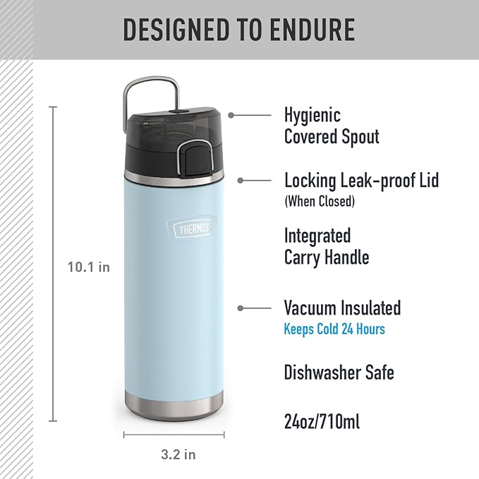 THERMOS ICON SERIES Stainless Steel Water Bottle with Spout - 24 Ounce, Glacier - Vacuum Insulated Water Bottle with Lid