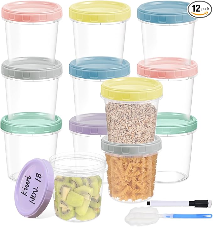 12pcs 32 oz Plastic Containers with Screw Top Lids, Reusable Clear Food Storage Containers with Pen and Brush, Leakproof Freezer Soup Containers, Microwave & Dishwasher Safe