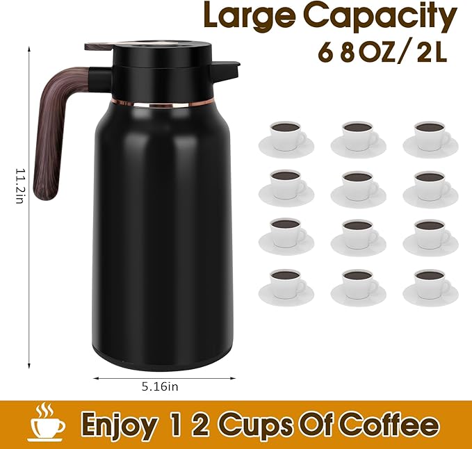 68oz Thermal Coffee Carafe, Stainless Steel Carafes for Hot Liquids 24 Hours, Insulated Coffee Carafes For Keeping Hot Coffee, Hot Water, Tea, Hot Beverage (Black)