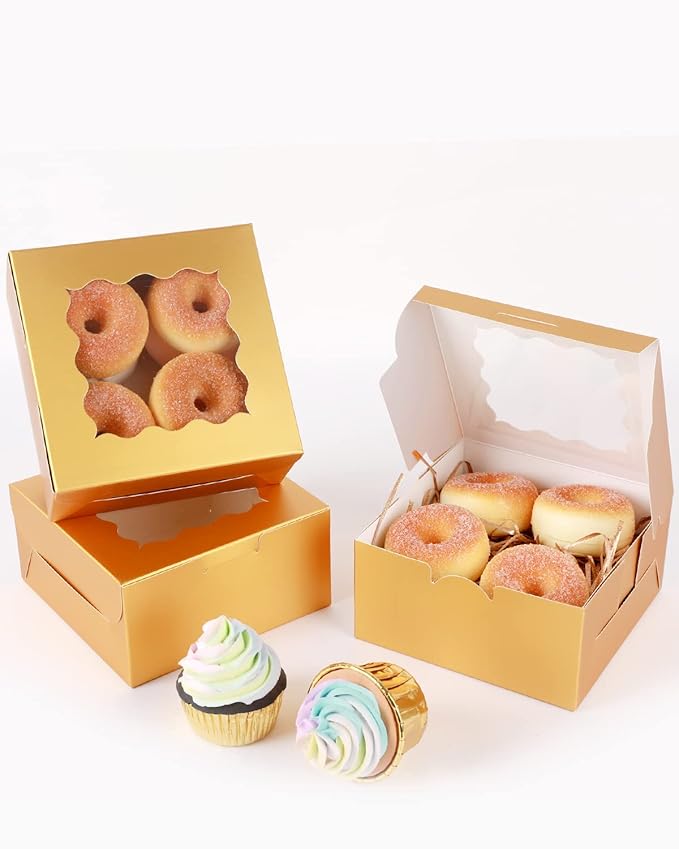qiqee Gold Bakery Box with Window 36Packs 6x6x3 Golden Cookie Boxes Gold Cardboard Boxes for Cookie, Pastry, Cupcake, Pie, Donut