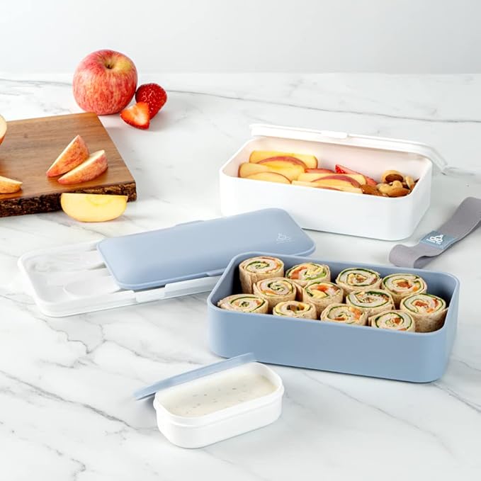 Restaurantware Bento Tek 40.5 Ounces Stackable Lunch Box 1 Reusable Adult Lunch Container - With Utensils Included Sauce Cup Blue & White Plastic Layered Lunch Box Microwavable Dishwashable