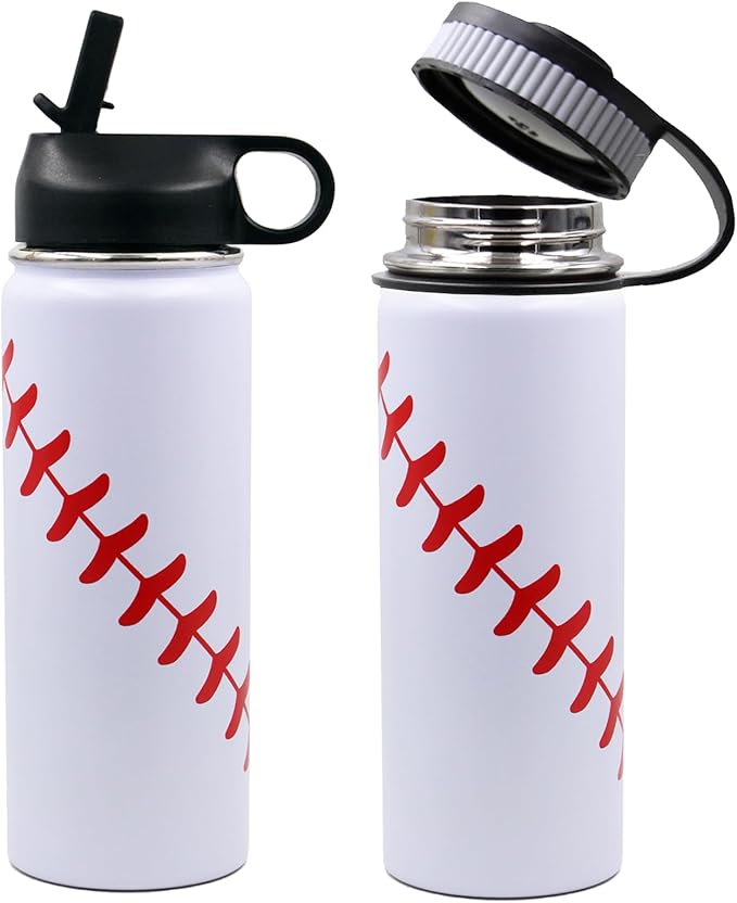 18 oz Baseball Water Bottle, Sports Flask Metal Thermo Travel Tumbler with 2 Lids, Stainless Steel Double Wall Vacuum Insulated Leakproof Water Bottles, Baseball Accessories Stuff Gifts for Boys Girls