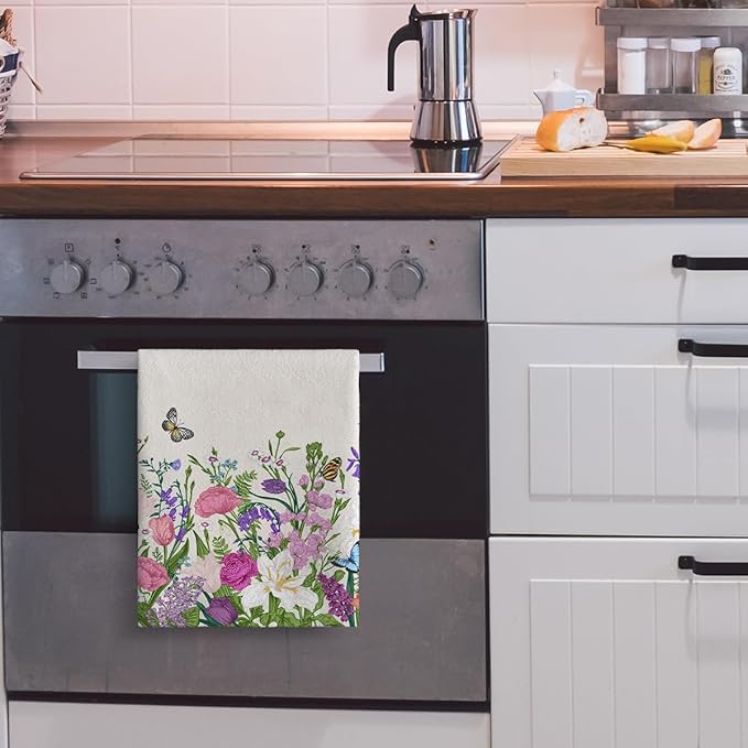 Pink Flowers Decorative Kitchen Towels Floral Dish Towels Absorbent Cute Botanic Dish Cloths Set Spring Summer Tea Hand Towels for Kitchen Farmhouse Holiday Home Decor (2 Pack, 16"x24")