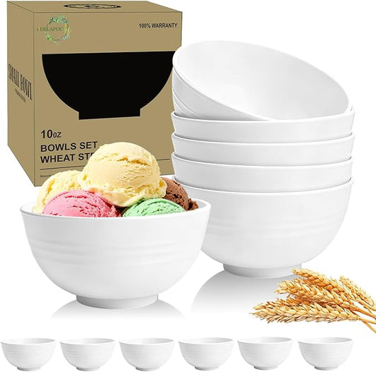 Wheat Straw Small Bowls 10 OZ, Unbreakable Dessert Bowls Set of 6, Microwave & Dishwasher Safe Bowl for Kitchen, Mini Reusable Plastic Bowl for Kitchen, White