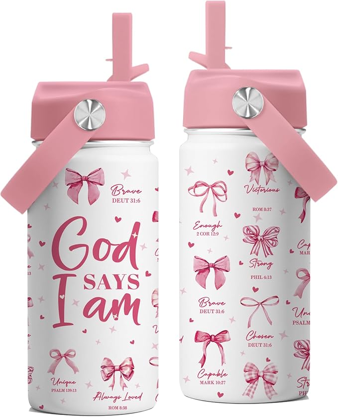 Christian Gifts, Pink Bow Water Bottle with Straw Lid, 16 oz Insulated Stainless Steel, Christian Cups Gifts for Birthday Christmas