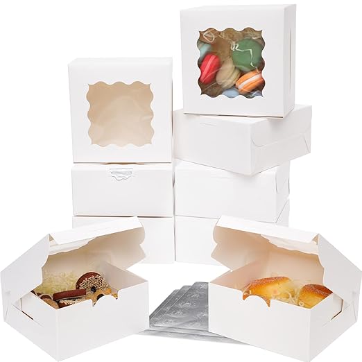 Bakepacker 60pcs White Bakery Boxes with Window 6x6x3 inches Thick & Sturdy Macaroon Pastry & Cookie Boxes