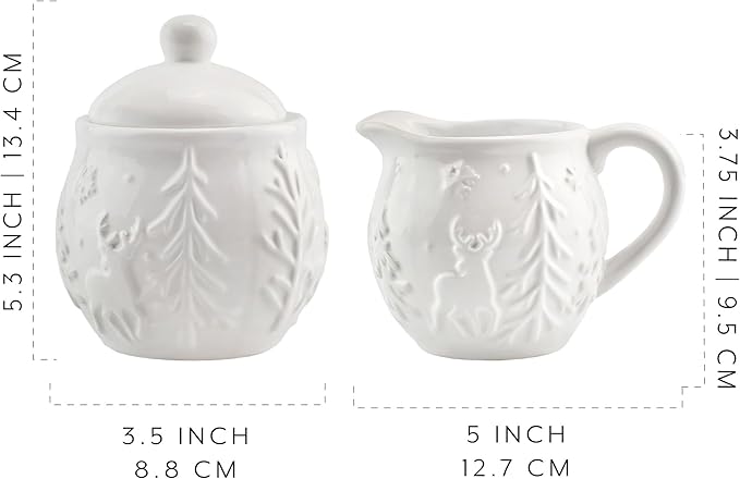 AuldHome Design Reindeer Christmas Cream and Sugar Set; Ceramic Embossed White Serving Sugar Bowl and Cream Pitcher