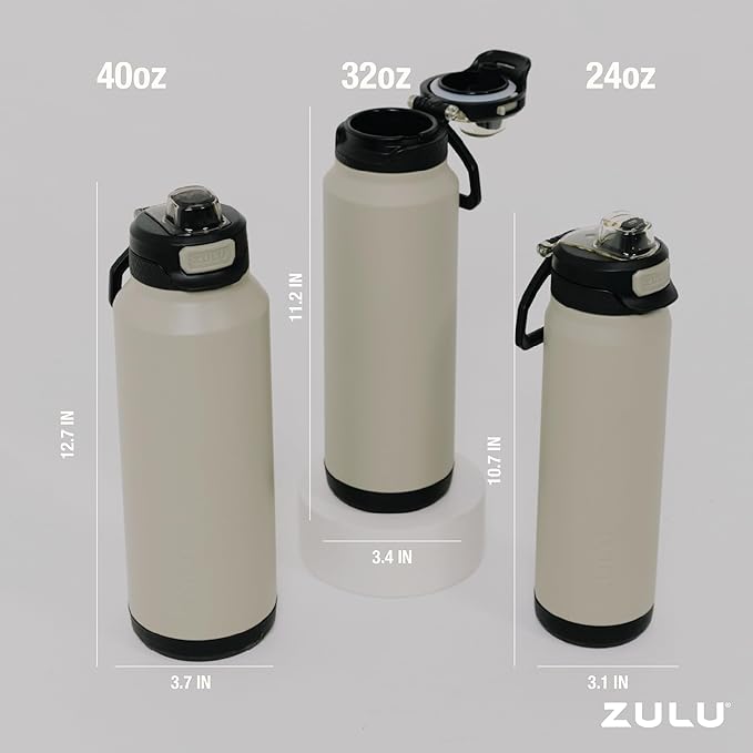 ZULU Powerfill Pro 40oz Stainless Steel Water Bottle with Quick Fill Lid, Triple Walled Vacuum Insulated Metal, Leak Proof Locking Lid, Sip and Chug, Reusable BPA Free, Ash