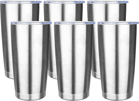 20oz Tumbler with Lid Stainless Steel Insulated Tumblers Travel Coffee Tumbler Bulk Double Wall Vacuum Insulated Water Cup Christmas Gifts for Women Men Her Him Home Office (Silver, 6pack)