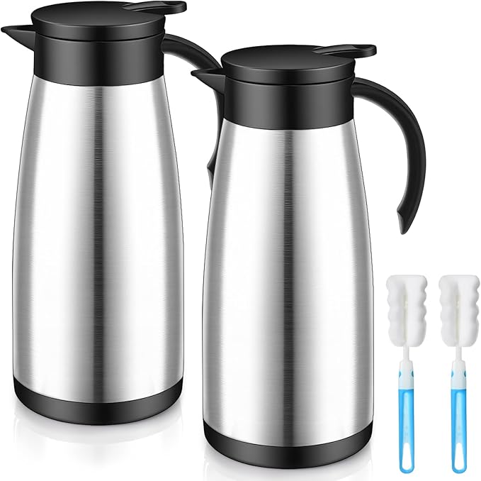 Uiifan 2 Pcs Thermal Coffee Carafe Insulated Stainless Steel Coffee Carafes for Keeping Hot and Cold Double Walled Vacuum Thermal Pot Flask with Brush for Water Milk Tea Home and Office (Silver,51oz)