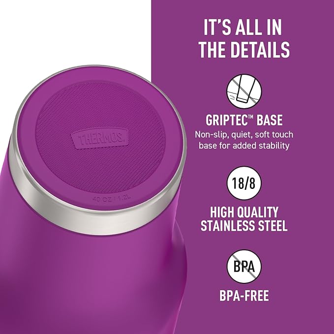 THERMOS Stainless Steel Cup Holder Mug - 40 Ounce, Plum - Insulated Tumbler with Lid and Straw, Plus Leak-Resistant Slide Lock