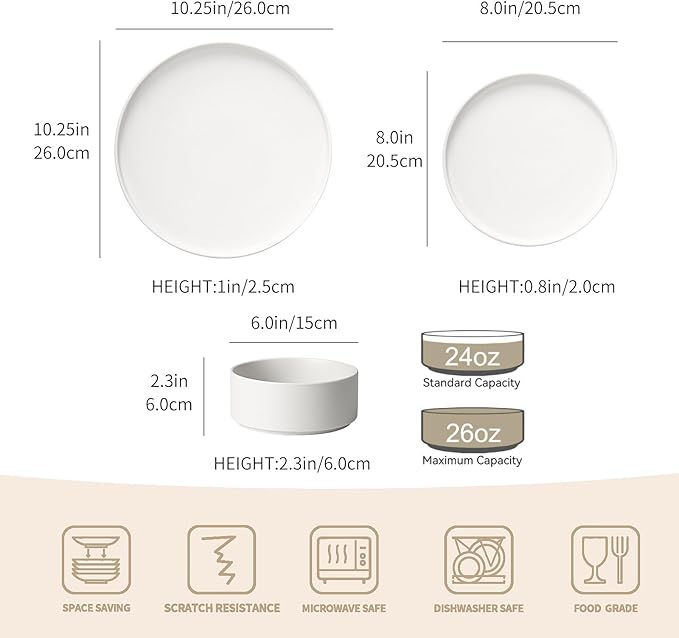 GZG Classic Series - Plates and Bowls Set for 4, 12 Piece Stoneware Dinnerware Sets, Microwave and Dishwasher Safe Lead-Free Handcrafted Ceramic Dishes Set - Ivory White