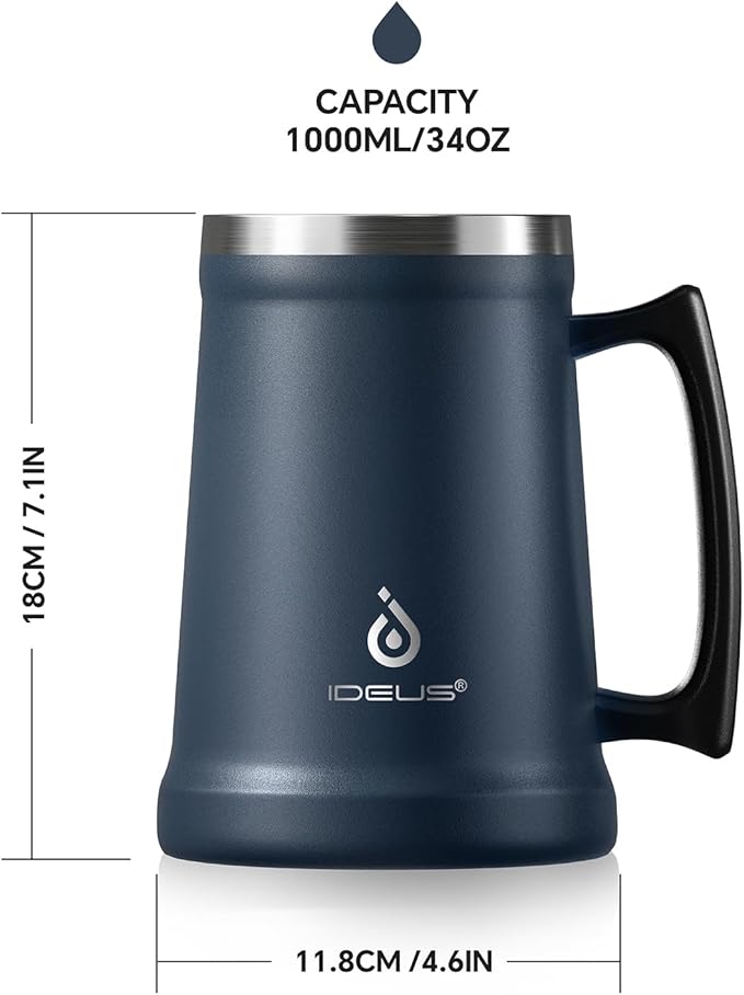 Ideus Insulated Beer Stein, 24/32oz Stainless Steel Double Walled Beer Mug Giant Bar Drinkware Metal Beer Cup with Big Grip Handle (34oz (1,000ml), Navy Blue)