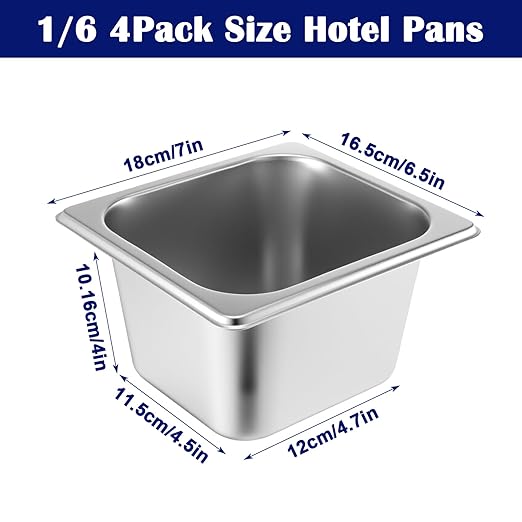4 Pack Hotel Pans Stainless Steel 1/6 Size 4 Inch Deep Steam Table Pan with Lids, Stackable Commercial Anti-Jam Steam Pans Food Storage Containers for Home, Restaurant, Party, Hotel, Buffet