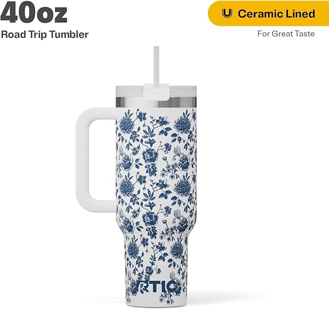 RTIC 40 oz Road Trip Tumbler Double-Walled Cermaic Lined Insulated Stainless Steel Portable Travel Coffee Mug Cup with Lid, Handle and Straw, Blue Bouquet