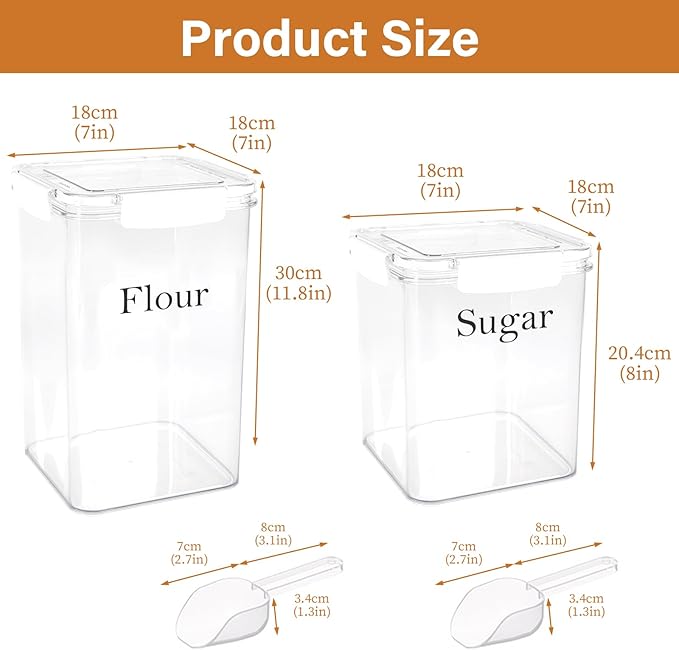 Set Of 2 Large Food Storage Jars 6L&4L - Airtight Containers with Lids,Flour Sugar Storage Containers with Free Spoon-Kitchen Canisters for Sugar,Flour,Coffee,Pantry Organization Bin Keeper