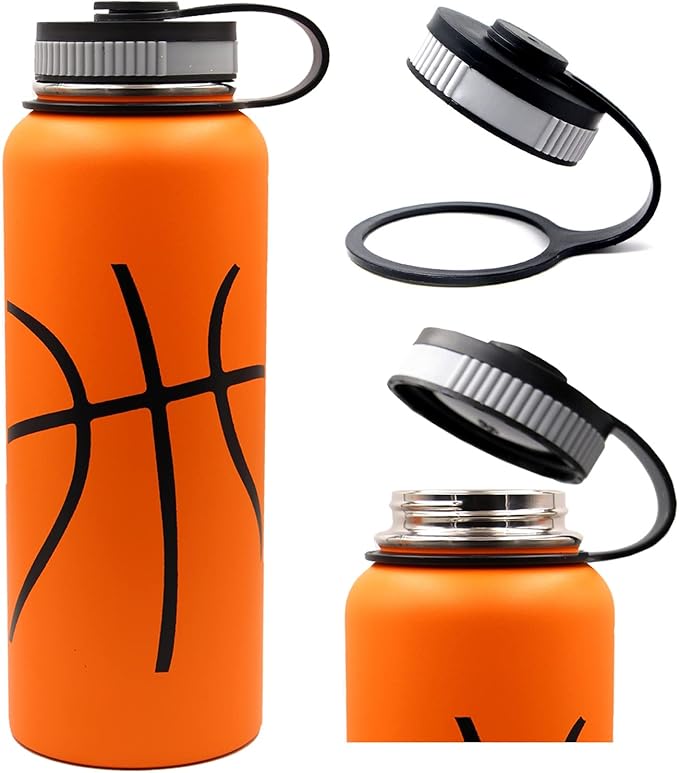 40 oz Basketball Water Bottle, Metal Thermo Travel Tumbler Sports Flask with 2 Lids, Stainless Steel Double Wall Vacuum Insulated Leakproof Water Jug, Basketball Accessories Stuff Gifts for Boys Girls