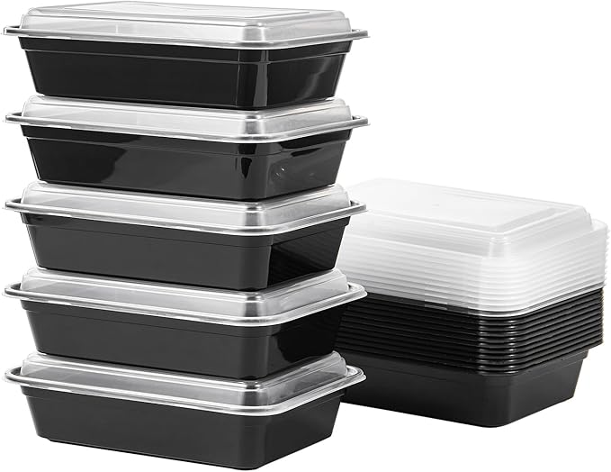 24 oz Meal Prep Containers With Lids Reusable 150 Pack Extra-thick Plastic Food Storage Black Disposable To Go Lunch Box BPA Free Stackable Microwave Dishwasher Freezer Safe (Formerly FULING)