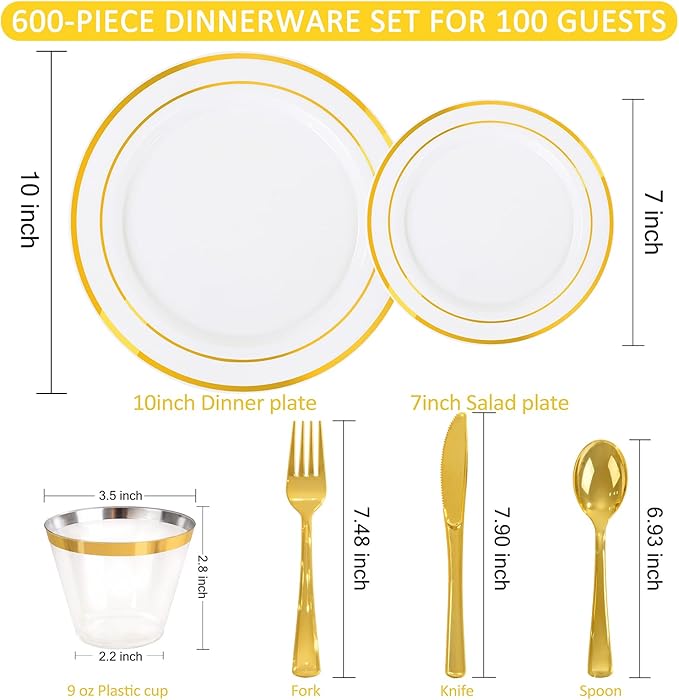 WELLIFE 600 PCS Gold Disposable Dinnerware Set for 100 Guests, Gold and White Plastic Plates for Party, 100 Each-Dinner & Salad Plates, Cups, Forks Knives Spoons for Wedding and Party