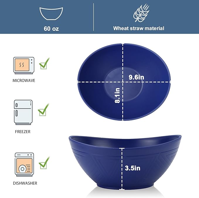 Wrova 65oz Large Salad Bowls Deep Blue - Wheat Straw Serving Bowls Set of 4 - Unbreakable Serving Bowls Dishware & Microwave Safe - BPA Free Bowl for kitchen,camping