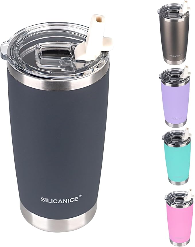 Soft Gray 20 oz Stainless Steel Vacuum Insulated Tumbler with Lid,Durable Travel Coffee Mugs Cups,Dishwasher Safe, Leak Proof,Cold And Hot Coffee Bottle,Easy Cleaning,Silicone Coating Soft Touch,men