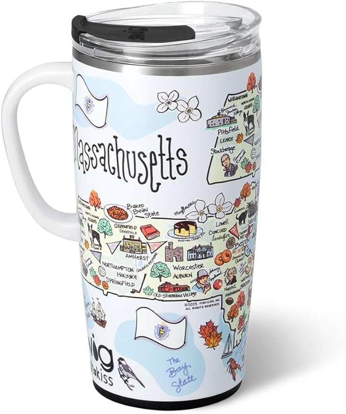 Swig Life 22oz Travel Mug, Insulated Tumbler with Handle and Lid, Travel Coffee Mug, Cup Holder Friendly, Stainless Steel 22 oz Tumbler, Reusable Insulated with Lid (Massachusetts)