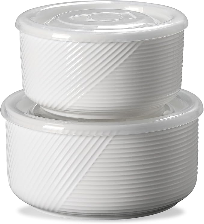 Ceramic Nesting Bowls with Lid: Microwave Safe Food Storage Containers for Work Lunch Picnic Camping Meal Prep Soup Salad Cereal Leftovers - 5 & 6 Inch, 20 & 32 oz, Set of 2, White