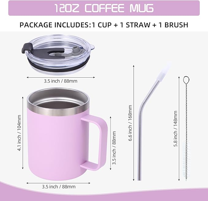 Volhoply 12oz Insulated Leakproof Coffee Mug with Flip & Straw Lid Bulk 4 Pack,Double Wall Vacuum Stainless Steel Travel Tumbler Cup with Handle,Camping Mugs Keep Cold/Hot(Purple,4 Set)