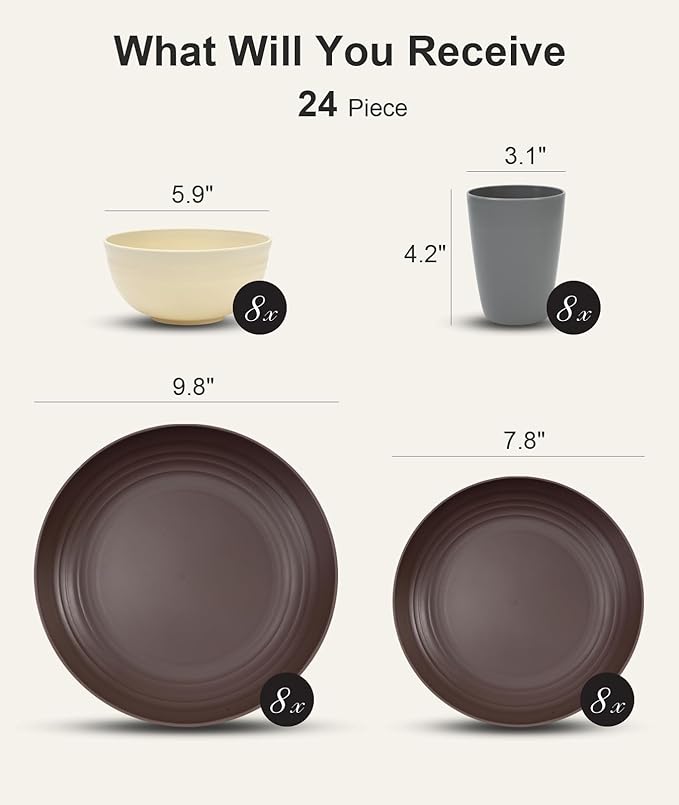 Quatish 24 Piece Plates and Bowls Sets for 6, Unbreakable Dinnerware Sets, Plastic Dish Set for Camping, Dishwasher Microwave Safe, Outdoor Kitchen and Apartment Dinning RV Essentials, Brown